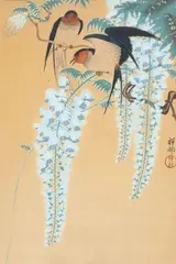Ohara Koson, Rândunele și ramuri de glicină, cca. 1926, xilogravură nishiki-e
