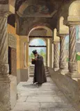 Călugăr în pridvor by Ludovic Bassarab, ulei pe carton, sold Jun 2019