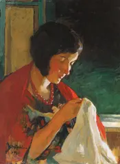 Cusătoreasă by Ipolit Strâmbu, 1929, ulei pe carton, sold Jun 2019