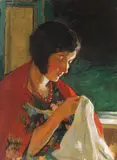 Cusătoreasă by Ipolit Strâmbu, 1929, ulei pe carton, sold Jun 2019