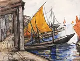 Vele la Chioggia by Cecilia Cuțescu-Storck, acuarelă pe hârtie lipită pe carton, sold Jun 2019