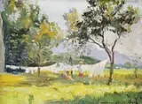 Uscatul rufelor (Zi de vară) by Nicolae Vermont, 1928, ulei pe pânză lipită pe carton, sold Jun 2019