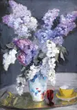 Natură statică cu flori de liliac și ceșcuță galbenă by Constantin Isachie Popescu, ulei pe carton, sold Jun 2019