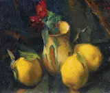 Natură statică cu flori şi gutui by Leon Biju, 1959, ulei pe carton, sold Jun 2019