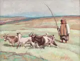 Cu caprele by Camil Ressu, ulei pe carton, sold Jun 2019