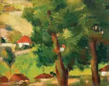 Francisc Șirato, În sat pe vale, cca. 1925, ulei pe carton