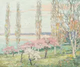 Cireși înfloriți la Balcic by Kimon Loghi, ulei pe carton, sold Jun 2019
