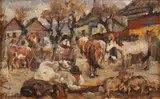 Târg de animale by Nicolae Enea, ulei pe hârtie lipită pe carton, offered Jun 2019