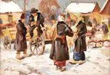 La iarmaroc by Nicolae Enea, ulei pe carton, sold Jun 2019