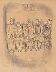 Audiențe by Aurel Jiquidi, creion pe hârtie lipită pe carton, offered Jun 2019