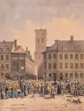 Johan Adolf Kittendorff, Piață de flori în Copenhaga, 1881, acuarelă, creion și accente de tempera pe carton