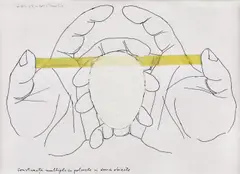 Construcții multiple cu palmele și două obiecte by Pavel Ilie, tuș, ulei și acuarelă pe hârtie lipită pe carton, sold May 2019