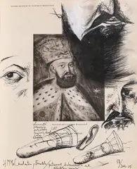 Constantin Brâncoveanu by Sorin Dumitrescu, 2014, cărbune, tuș și tempera pe filă cu portretul lui Constantin Brâncoveanu din cartea "Peinture religieuse en Valachie et T, offered May 2019