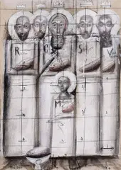 Studiu pentru monolitul deschis înspre jertfă al icoanei Sfinților Martiri Brâncoveni (Grupul creștin dinaintea jertfei) by Sorin Dumitrescu, 2014, tempera, creion, cărbune, creioane colorate și accente de foiță metalică pe hârtie, offered May 2019