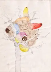 Orgă nebună by Pavel Ilie, 1975, acuarelă și creion pe hârtie lipită pe carton, sold May 2019