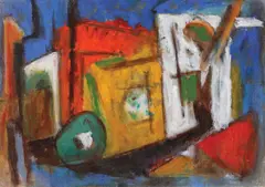 Architecture Collage by Marcel Janco, 1950, ulei pe pânză lipită pe carton, sold May 2019