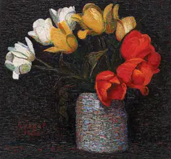 Arthur Segal, Lalele, 1908, ulei pe pânză lipită pe placaj
