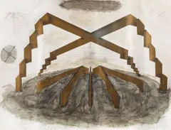 Proiect pentru un templu by Sorin Dumitrescu, 1980, acuarelă, foiță metalică, creion și tuș pe hârtie, sold Apr 2019