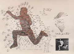Paul Neagu, Jump, 1977, litografie colorată manual, acuarelă şi colaj fotografic