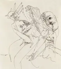 Lupta cu sinele by Mihai Olos, tuș pe hârtie, sold Apr 2019