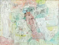 Octav Grigorescu, Basm, 1968, creioane colorate, peniță și pix pe hârtie lipită pe pânză lipită pe lemn