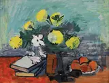 Natură statică cu flori, cărți și portocale by Alexandru Ciucurencu, ulei pe carton, sold Apr 2019
