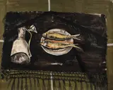 Sorin Ilfoveanu, Natură statică cu peşti, 1987, tempera pe hârtie