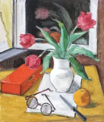 Natură statică cu lalele și ochelari by Theodor Pallady, ulei pe pânză lipită pe carton, sold Mar 2019