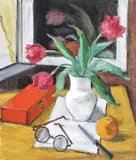 Natură statică cu lalele și ochelari by Theodor Pallady, ulei pe pânză lipită pe carton, sold Mar 2019