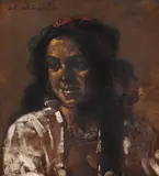 Țigăncușă cu năframă roșie by Octav Băncilă, ulei pe pânză, sold Mar 2019
