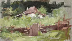 Casa pădurarului by Nicolae Grigorescu, 1900-1905, ulei pe lemn, sold Mar 2019