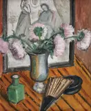 Natură statică cu evantai și crizanteme by Theodor Pallady, prima jumătate a anilor '30, ulei pe pânză lipită pe carton, sold Mar 2019
