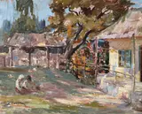 Odihnă în ogradă by Nicolae Enea, ulei pe carton, sold Mar 2019