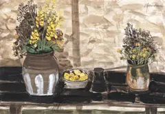 Sorin Ilfoveanu, Natură statică cu ibric și flori de câmp, tempera pe carton