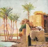 Peisaj din Egipt by Leon Biju, ulei pe carton, sold Mar 2019
