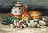 Jean Cheller, Natură statică cu ciupercuțe şi ceramică populară, ulei pe carton