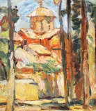 Biserică pe muntele Hymettus (Kaisariani) by Rudolf Schweitzer–Cumpăna, 1929, ulei pe carton, sold Feb 2019