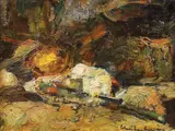 Natură statică cu mic dejun by Rudolf Schweitzer–Cumpăna, ulei pe carton, offered Feb 2019