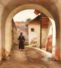 Dumitru Athanasiu, După-amiază la mănăstire, ulei pe pânză