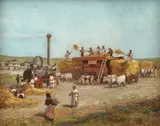 Împărțirea recoltei by Ludovic Bassarab, ulei pe lemn, sold Feb 2019