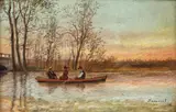 Plimbare pe lac by Ludovic Bassarab, ulei pe placaj, sold Feb 2019