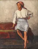 Țărăncuță pe laviță by Camil Ressu, ulei pe carton, sold Feb 2019