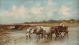 Car cu boi traversând râul by Ludovic Bassarab, ulei pe lemn, sold Feb 2019