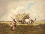 Strânsul fânului by Ludovic Bassarab, ulei pe carton, sold Feb 2019