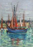 Vele în port by Kimon Loghi, ulei pe carton, sold Feb 2019
