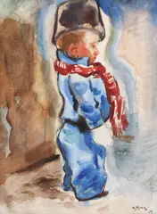 Aurel Jiquidi, Pregătit de derdeluș, 1934, acuarelă şi creion pe hârtie