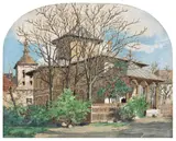 Biserica Manea Brutaru by Ludovic Bassarab, 1920, ulei pe carton, sold Feb 2019