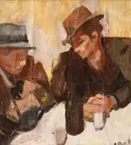 Confidențe by Corneliu Baba, ulei pe hârtie, sold Feb 2019