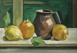Natură statică cu lămâi și ulcior by Spiru Chintilă, ulei pe carton, sold Feb 2019