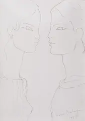 Noi doi by Sabin Bălașa, 1985, peniță pe hârtie lipită pe carton, sold Feb 2019
